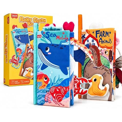 JoyCat 2-Pack Baby Cloth Books 0-6-12 Months - Farm & Ocean Infant Sensory Toys - Tummy Time Mirror & Montessori Developmental Learning -Easter Basket Stuffers Gift Set Girl Boy