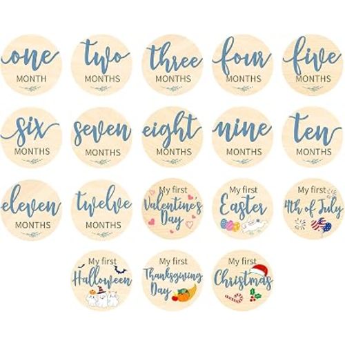 Capoda 18 Pcs Baby Monthly Milestone Cards My First Holiday Milestone Signs 1-12 Month Wooden Circles Announcement Discs for Boy Girl Photography Photo Props Baby Shower Gift Newborn Keepsake(Blue)