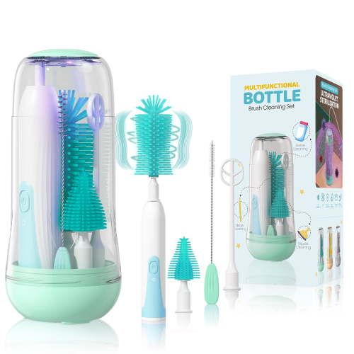 Orzbow Electric Travel Baby Bottle Brush Set with Storage Box, Automatic Bottle Cleaner Brush Kit with Silicone Bottle/Nipple/Straw Brush, Milk Frother Electric and Drainage Rack, Green