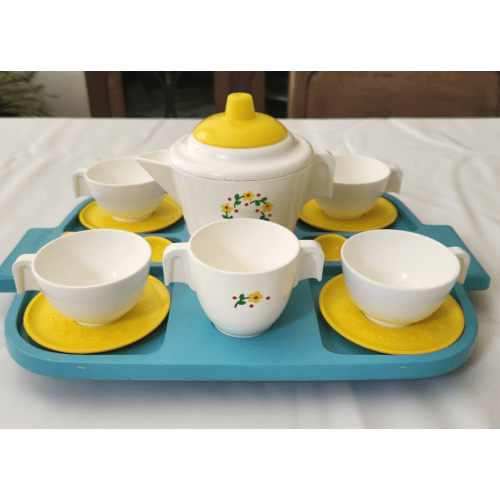 Vintage 1982 Fisher Price tea set, yellow/white w/blue tray, complete set
