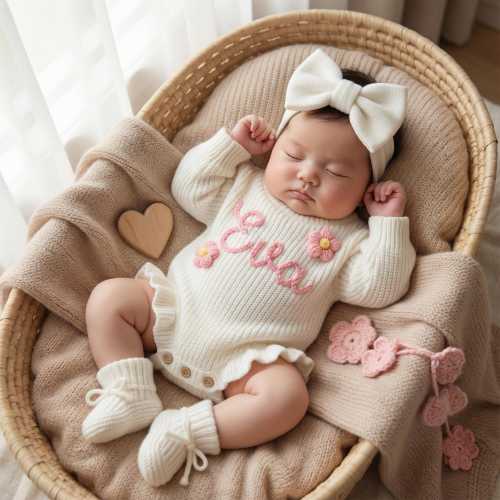 Hand Embroidered Baby Romper Set, Personalized Organic Cotton Knit Outfit