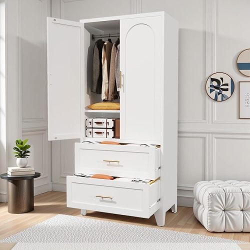 Anewome 71" Metal Armoire Wardrobe Closet with 2 Drawers, Freestanding Arched 2-Door Tall Clothing Storage with Adjustable Shelves and Hanging Rod for Bedroom Dorm, White