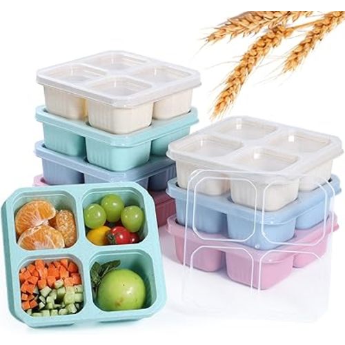 becutlery 8 Pack Wheat Straw Snack Containers, 4-Compartment Reusable Bento Box with Lids - BPA-Free, Stackable Meal Prep Food Storage for Work, Travel, Home and On-the-Go