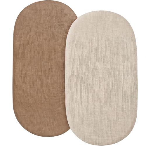2 Pack Muslin Bassinet Sheets, 100% Cotton, Breathable & Soft (Brown＆Beige) | Compatible with Dream On Me Bassinet