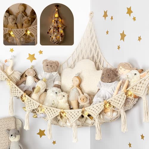 TIDYTEDS Stuffed Animal Hammock Corner | Sturdy Handcrafted Stuffed Animal Net | 4mm Double Macrame Cord Stuffed Animal Holder | Natural 100% Cotton Plushie Net | Toy Hammock w/LED Light (Ice Cream)