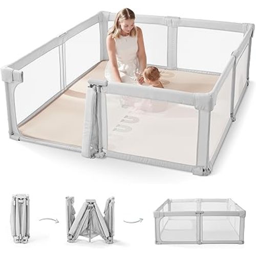 Doradotey Baby Playpen Foldable, Pre-Assembled Play Pen for Babies and Toddlers with Door, 79"x79" Large Playards for Indoors, Baby Fence Play Area 71x71, Grey