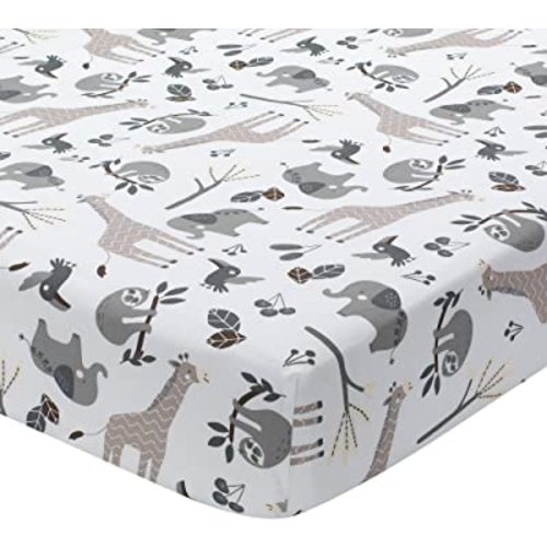Lambs & Ivy Baby Jungle Animals White/Gray/Taupe Cotton Fitted Crib Sheet