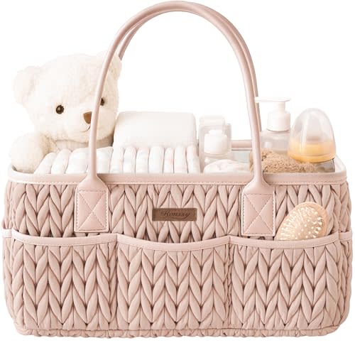 Konssy Braided Quilted Diaper Caddy Organizer, Boho Nursery Storage Basket with PU Leather Handles, Water-Repellent Portable Diaper Basket for Changing Table, Newborn Essentials (Blush)