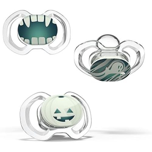 Smilo Baby Halloween Pacifier - 3 Pack of Slimline Pacifiers for Babies - Stage 3 for Babies 9+ Months - 100% Silicone Pacifier and BPA Free - Glow in The Dark - Spooky Time