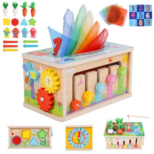 Ancaixin 6-in-1 Montessori Tissue Box Toy for 6+ Months Baby, Wooden Activity Cube, Puzzles 12-18 Months, Perfect 1 Year Old Girl Boy Gifts, Sensory Toys for Toddlers 1-3, Baby 1st Birthday Gift