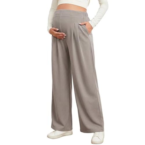 BLENCOT Women Maternity Pants Work Stretchy Wide Leg Trousers Baggy Pregnancy Joggers with Pockets