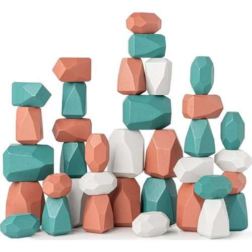 Comfy Cubs Stacking Rocks 36 Pieces, 36 Months+, Educational Toddler Stacking Blocks, Promotes Imagination, Balance & Fine Motor Skills - Wooden Rocks Sensory Toys Gift for Kid, Dino Pack