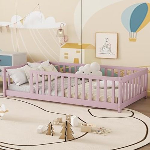 Bellemave Twin Floor Bed with Slats and Safety Guardrails, Twin Size Montessori Floor Bed with Fence and Without Door, Easy Assemble Montessori Beds Frame for Girls, Boys, Pink