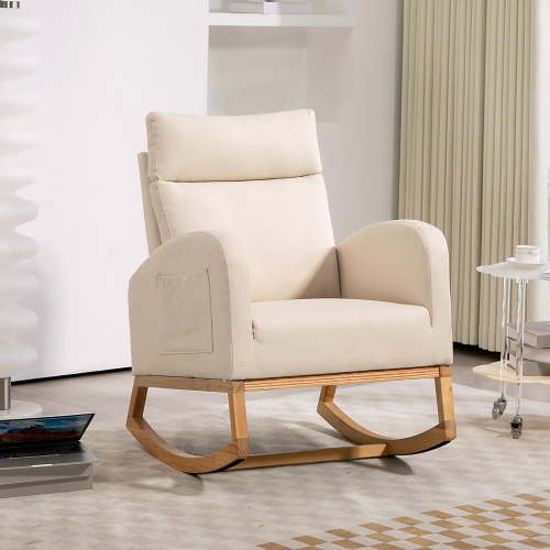 Nursery Chair Rocking Chair Glider Chair, Upholstered Accent Chair with Rubber Wood Legs, Comfy High Backrest, Side Pockets, Armchair for Living Room, Bedroom