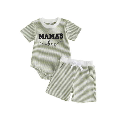 Loicainy Infant Baby Boy Summer Clothes 3 6 12 18 Month Letter Embroidered Striped Crew Neck Short Sleeve Romper and Shorts 2 Pcs Outfits Set