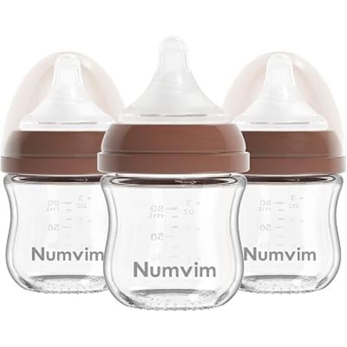 Natural Glass Baby Bottles Gentle & Extra Slow Flow, Newborn Breastfeeding Bottle with Anti Colic Nipple for 0 Months Babies, Brown (3 Ounce), 1 Count (Pack of 3)