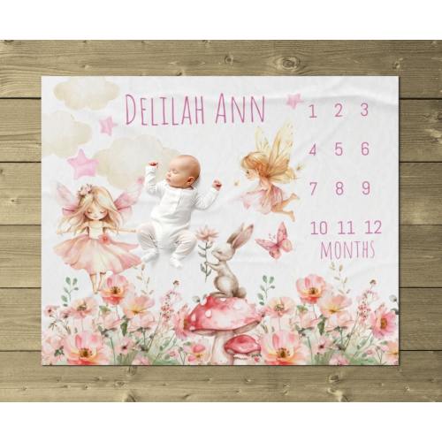 Baby Girl Fairy Blanket, Personalized Milestone Blanket, Floral Fairy Blanket, Pink Flower Blanket, Baby Monthly Tracker, New Baby Gift