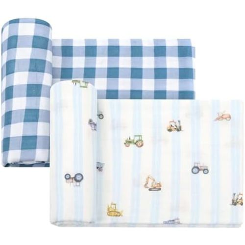 LifeTree Baby Swaddle Blankets, Boys Girls Muslin Swaddling Wrap Receiving Blanket for Newborn, 70% Viscose from Bamboo and 30% Cotton, Large 47" x 47", Car and Checkered