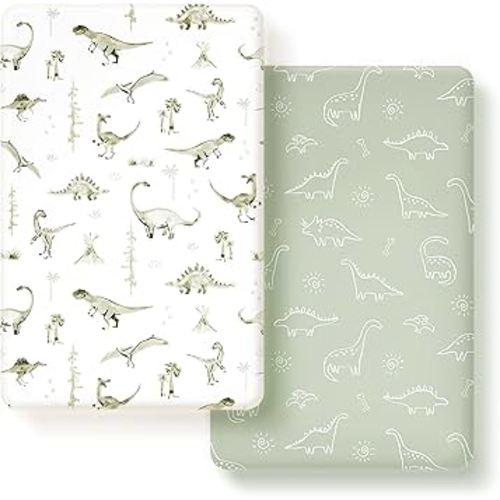 GRSSDER Pack n Play Sheets Fitted 2 Pack, Stretchy Ultra Soft Pack and Play Sheets, Universal Fitted Portable/Mini Crib Mattresses Snug and Safe, Jersey Crib Sheets for Boys, Dinosaurs