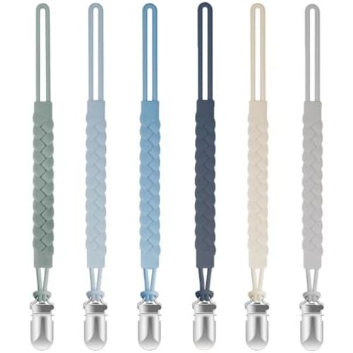 TenderBabe Silicone Pacifier Clip for Baby Boys and Girls, Pack of 6 Soft Flexible Paci Binky Clips with One-Piece Braided-Style Design,BPA-Free Newborn Essentials