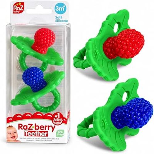 RaZbaby RaZberry Silicone Teether Pacifier – Teething Relief for Infants, Food-Grade, BPA-Free, Hands-Free, Natural Berrybumps Fruit Texture for Sensory Development, Freezable, 2-Pack - Red & Blue