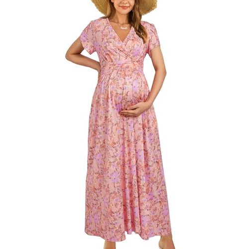 OUGES Maternity Maxi Dress Wrap V Neck Baby Shower Pregnancy Dresses for Photoshoot