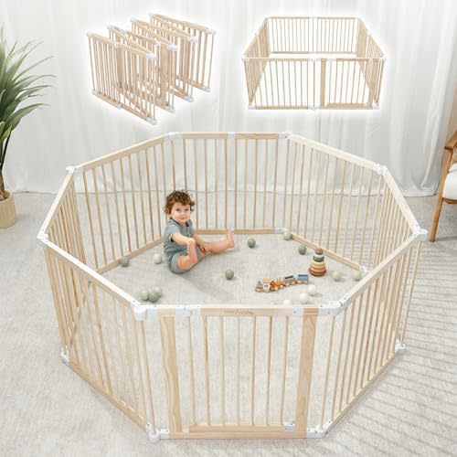 Comfy Cubs Baby Gate Playpen 57x57x25in - Foldable Playpen Light Wood White