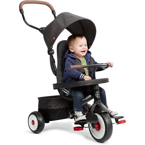 Radio Flyer City 4-in-1 Stroll 'N Trike, Black, for Riders 1-5 Years Old, 4 Riding Modes, 3 Point Harness with Comfort Pad, Parent Controlled Steering, Rear Storage, Stroller Tricycle for Toddlers