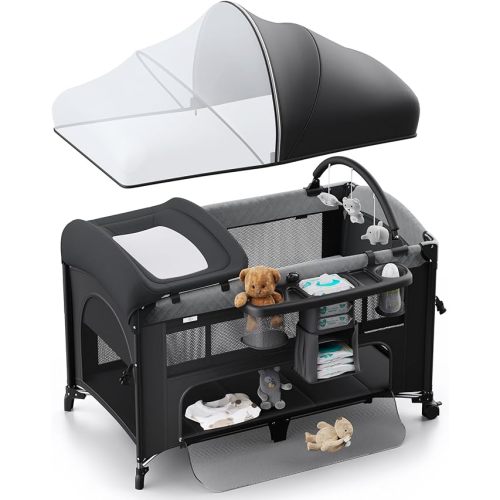 4 in 1 Baby Bassinet, Pack and Play, Bedside Crib Sleeper, Diaper Changer - Comes with Mattress, Mosquito Net, Bottom Storage and Toy Bar for Newborn to Toddles