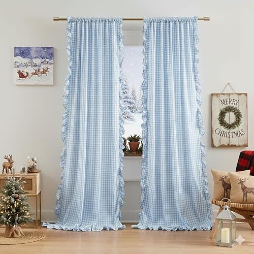 ZJDECOR Baby Blue Buffalo Plaid Ruffle Curtain Panels 84 Inches Long,Rustic Crinkled Not-See-Through Sheer Drapes,Shabby Chic Window Treatment for Bedroom Living Room,Rod Pocket,40" Wx84 L,Pack of 2