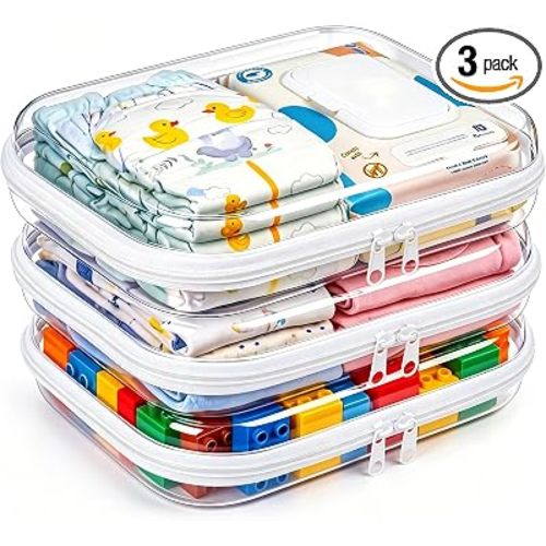 3 Pack Diaper Bag Organizer Pouches, Clear Hard Shell Zipper Cases for Travel, Makeup Bag, Toiletry Bag, Toy Storage Bins, Waterproof Storage Box for Pacifier Snacks Wipes Clothes Baby Essentials