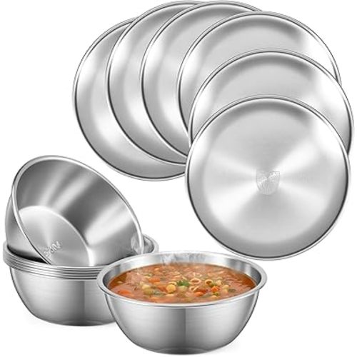 12 Pieces 304 Stainless Steel Plates and Bowls Sets - 9 Inch Metal Camping Plates Reusable 20oz Steel Snack Bowls Feeding Serving Dinner Dishes Double Insulated for Adult Girls Boys (Silver)