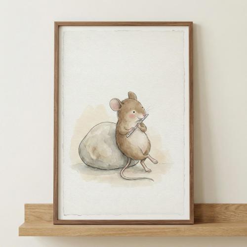 Watercolor Mouse Art for Nursery Room, whimsical woodland animal decor, mouse playing flute illustration, cottagecore forest animal print