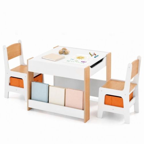 Costway 4-in-1 Kids Table & Chair Set Toddler Wooden Activity Table with Side Bookshelves Beige