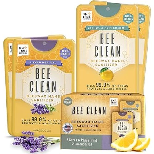 4-Pack Combo Hand Sanitizer Spray - 2 Lavender + 2 Citrus Peppermint, Travel Size Mist Spray with Organic Ethyl Alcohol, Beeswax - Moisturizing with Essential Oils, Non-Toxic, Made in USA