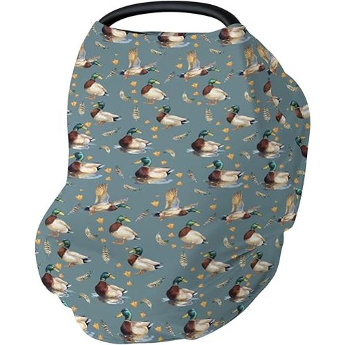 Vintage Mallard Ducks Car Seat Cover for Babies Retro Duck Hunting Stretchy 5-in-1 Cover Adjustable Car Canopy Cover Wild Birds Feathers Nursery Breathable Nursing Cover-Up