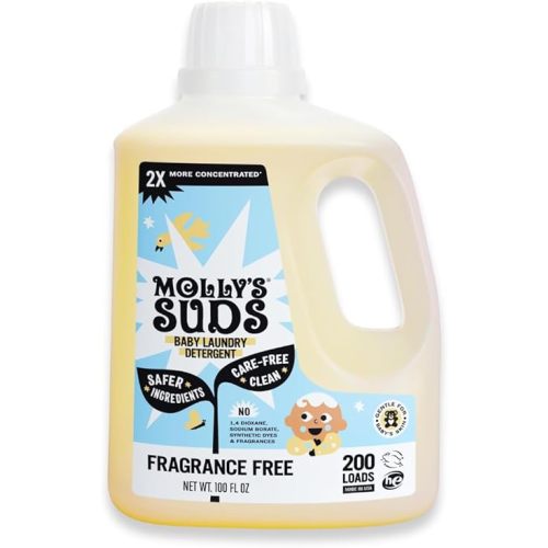Molly's Suds Baby Liquid Laundry Detergent | Removes Formula, Poop & Spit-Up Stains | Extra Gentle for Infants, Babies, Toddlers (Fragrance Free, 200 Loads)
