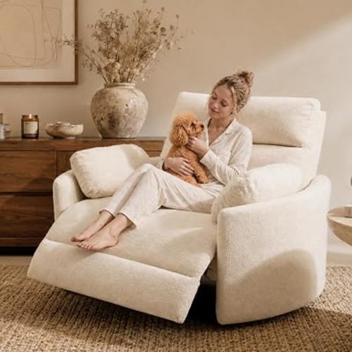 FLEXISPOT Mochi Oversized 54" Power Recliner Chair for Big and Tall, Chenille Fabric Electric Recliner with USB & Type-C Ports, Wide Single Sofa with Pillows for Living Room & Bedroom, Cream