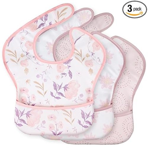 3-Pack Waterproof Baby Bibs for Eating - Mess Proof Lightweight Toddler Feeding Bibs with Large Food Catcher, Food-Grade Baby Eating Essentials, Easy to Put On & Clean(Light Pink Blossom)