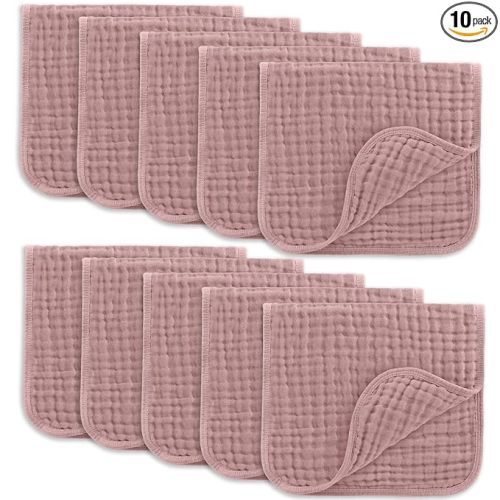 Comfy Cubs Muslin Burp Cloths 20" x 10", Pack of 10 - Large, 6-Layer, Ultra Absorbent 100% Cotton for Baby Drool and Messes - Soft, Safe & Gentle Baby Burp Cloths for Boys & Girls - Mauve
