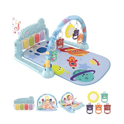 dearlomum Blue Space Baby Play Gym Mat, 4-Key Piano for Infants Toddlers | Lights, sounds & hanging toys, safe supervised play for baby sensory activity