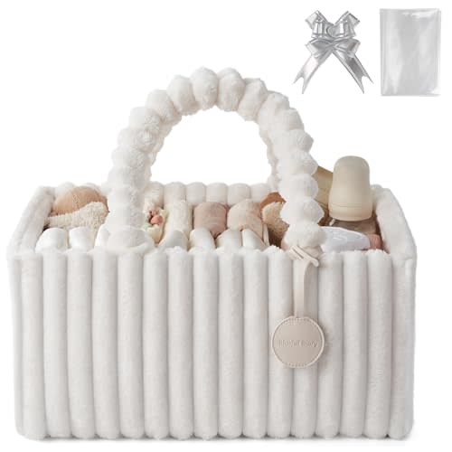 Blissful Diary Flannel Diaper Caddy Organizer, included Gift Packaging, Cozy Nursery Storage Basket, Gift for Baby Shower, Newborn Essentials, Cream Beige