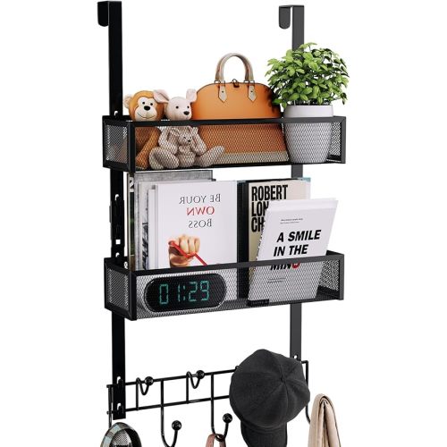Consumest Over The Door Hooks Organizer - Extra Long Door Hanger with 9 Coat Hooks & 2 Mesh Basket, Back Storage Organizer Hanging Towels for Bathroom, Bedroom, Black (for 1.76 in Doors)