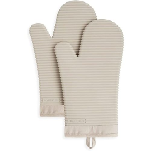 KITCHENAID Ribbed Soft Silicone Oven Mitt 2-Pack Set, 7.5"x13", Milkshake Tan