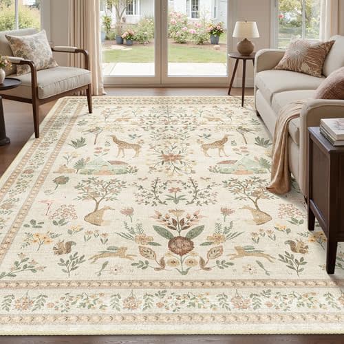 Beige Rug 8x10, Washable Boho Floral Botanical Animal Area Rug with Non Slip Backing Design,Indoor Soft Low Pile Carpet for Bedroom, Living Room, Dining Room, Farmhouse, Playroom