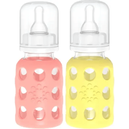 Lifefactory Glass Baby Bottle BPA Free | Protective Silicone Sleeve | 4 oz Pack of 2 | Cantaloupe, Banana