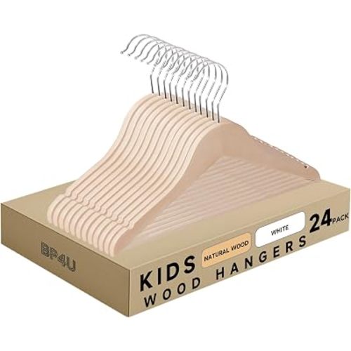 Kids Wooden Hangers with Pants Bar, 24-Pack Baby Children Wood Hangers with 360° Rotatable Hook for Dress, Coats, and Jacket, Space-Saving Design for Toddler Closet Organization (Natural)