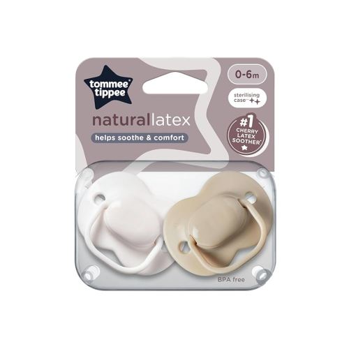 Tommee Tippee Cherry Latex Soother, 0-6 months, White and Beige, pack of 2 soothers with 100% natural latex baglet