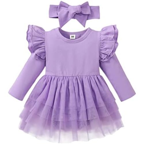 Baby Girl Clothes Infant Ruffle Sleeve Romper Dress Newborn Solid Tutu Skirt Sets Jumpsuit Headband Outfit