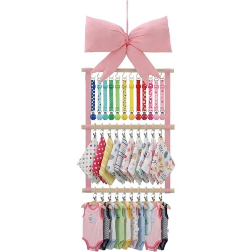 Sliner Pink Bow Baby Bibs Organizer Bow Holder for Girls Baby Neutral Pacifier Clip Organizer 3 Tier Cute Bandana Drool Burp Cloths Storage Display Hanging Decor for Nursery Newborn Infant Girls Room
